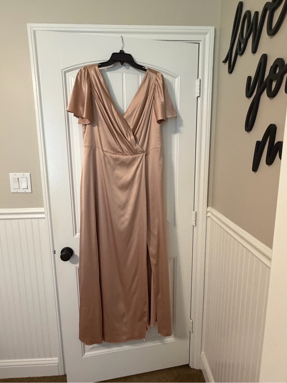 David’s Bridal Satin Maxi Dress in Blush Champagne